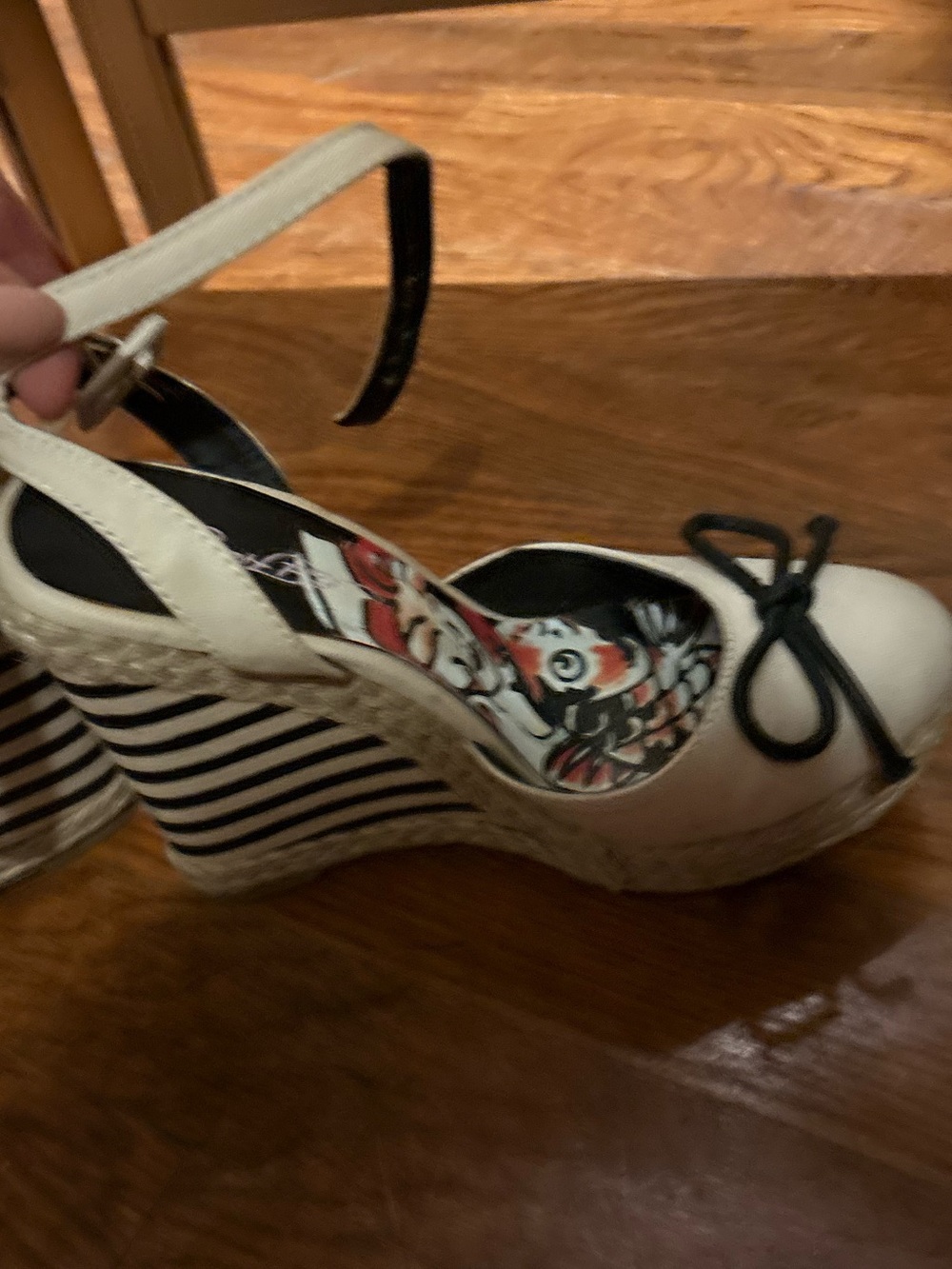 Ed Hardy Cream and Black Striped Espadrille Wedge Sandals - Picture 5 of 10